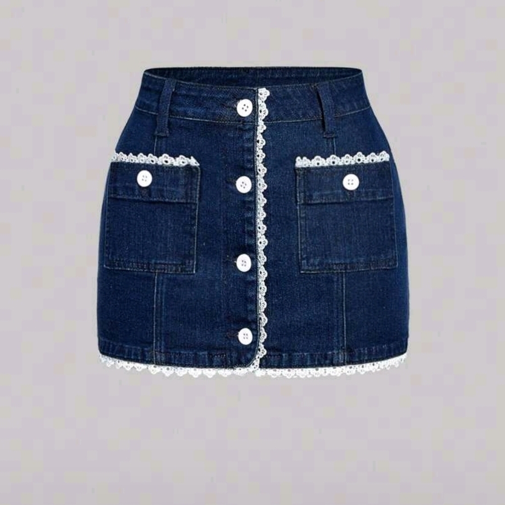 SHEIN Dark Blue Denim Skirt with White Lace